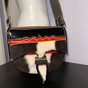 Vtg 70s Black Patent Leather Calf Hair Saddle Bag Purse South American Western